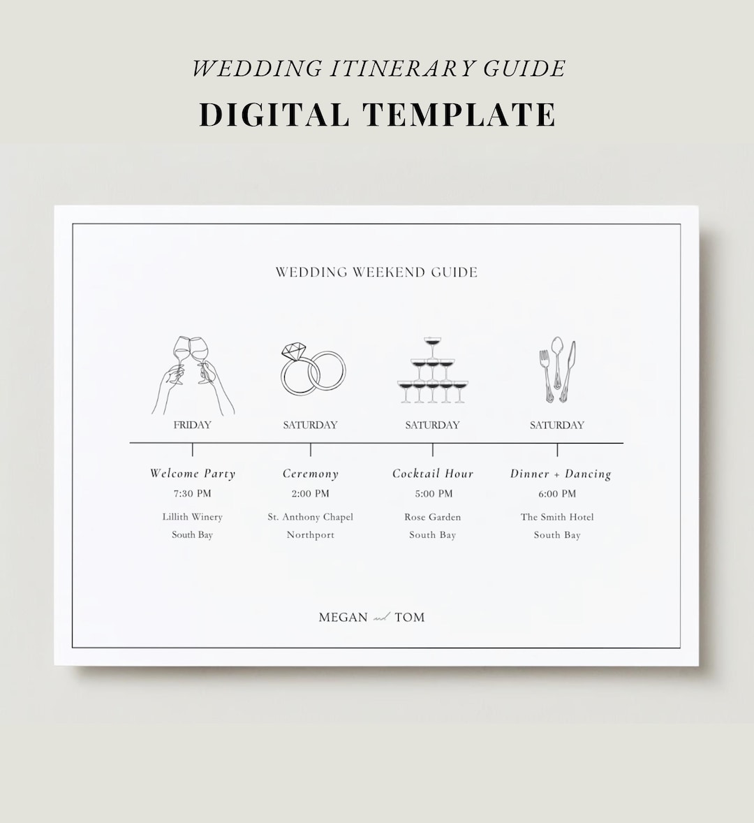 Wedding Weekend Itinerary Template, Modern Chic Wedding Guide, Simple