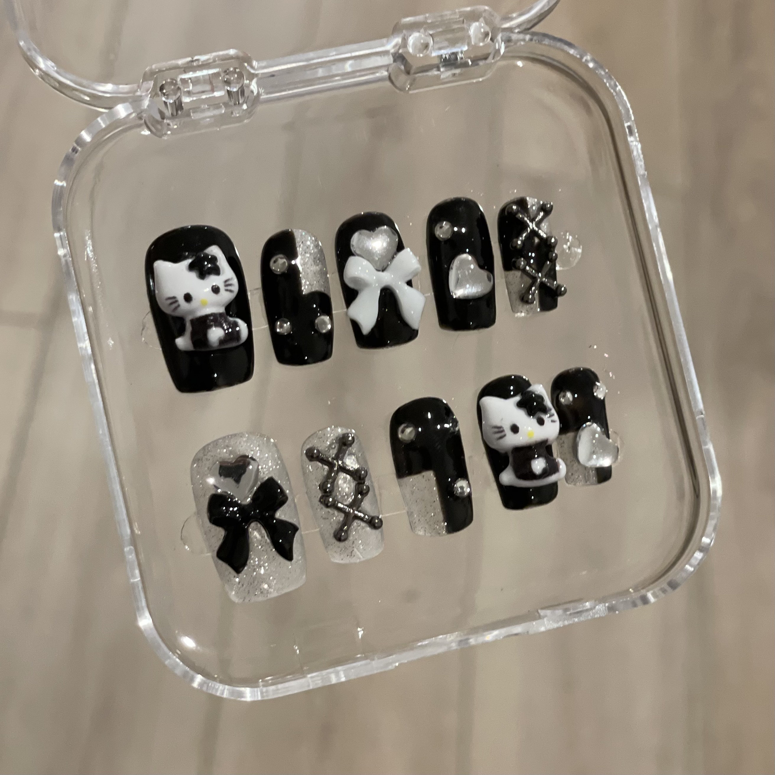 Short Square Black Hello Kitty Nails Dark Hello Kittys Nails Sanrio