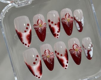 Almond Nails: Hand-Painted Red French Tips Floral Press-Ons Mother’s Day Gift
