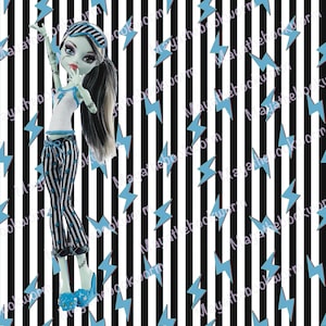May include: A black and white striped background with blue lightning bolts. A green-skinned doll with black hair is wearing a white and blue striped pyjama top and trousers. The doll is wearing a blue sleep mask and has a surprised expression on her face.