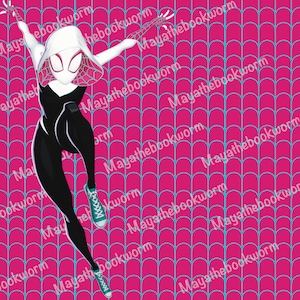 Może przedstawiać: Stylizowana ilustracja kobiety superbohaterki w białym kostiumie z kapturem i czerwonym wzorem pajęczyny. Ma na sobie czarne spodnie i turkusowe buty sportowe. Tło to różowy i niebieski geometryczny wzór.