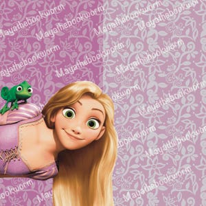May include: A cartoon illustration of a long-haired princess with a green chameleon on her shoulder. The princess has long blonde hair, green eyes, and is wearing a purple dress. The background is a pink and white floral pattern.