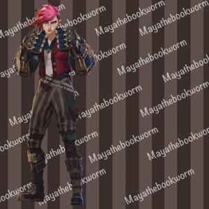 May include: A video game character with pink hair, wearing a red and black outfit with gold and blue accents. The character is holding a pair of large, gold gauntlets.