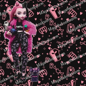 May include: A pink and black doll with long pink and black hair wearing a pink fur coat, black pants with a pink and black pattern, and black shoes. The doll is holding a black and blue container and a pink bottle. The background is black with a pink and white pattern of hearts, bats, and coffins. The text "FANGTAS" is on the doll's shirt.