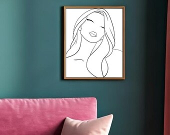 Long Hair Woman Wall Art, Line Art, Abstract Art, Simple, Printable, Digital Download, Black and White