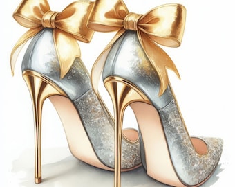 Watercolor High Heels Clipart Bundle Silver and Gold High Heels Clip Art Womens Shoe Images Wedding Bride Bridesmaid Downloadable Printable