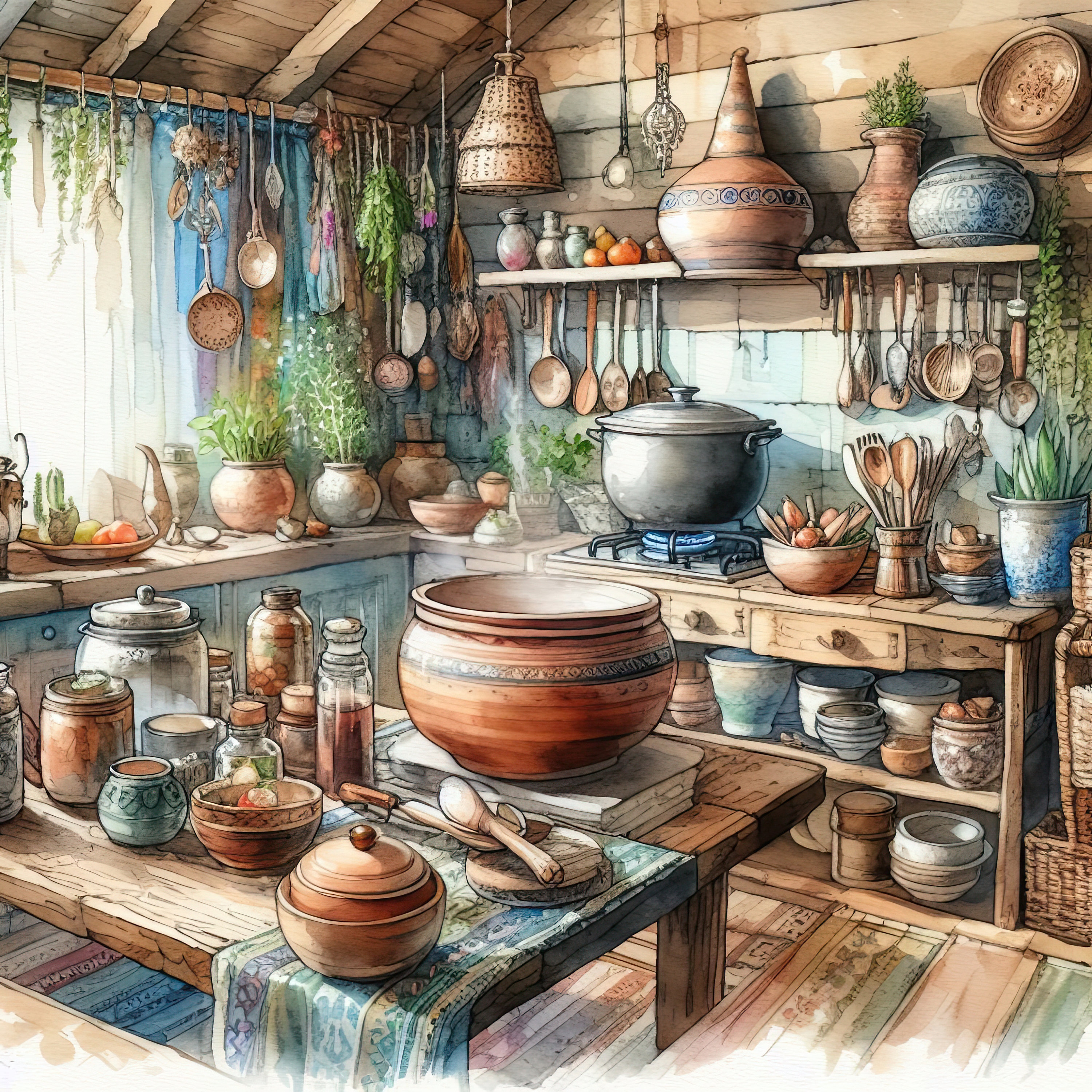 Watercolor Boho Kitchen Clipart Kitchen Vintage Clip Art Watercolor ...