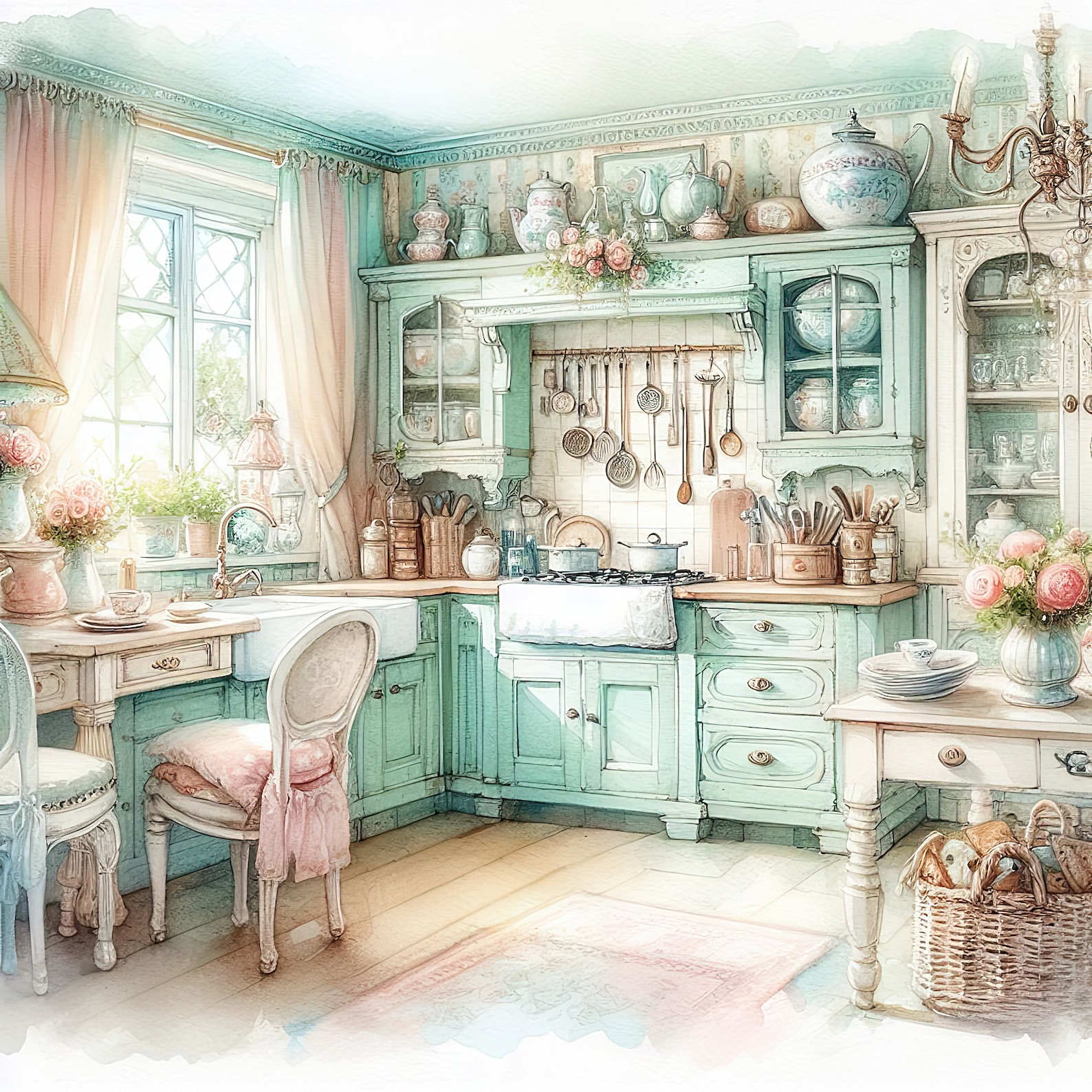 Watercolor Shabby Chic Sunny Kitchen Clipart Kitchen Vintage Clip Art ...
