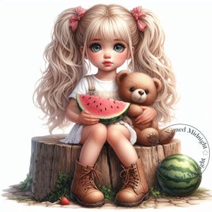 Cute Whimsical Girl Eating Watermelon Clipart 10 High Quality JPGs Set 2 Quirky Girl Clip Art Images Digital Download Printable Wall Art