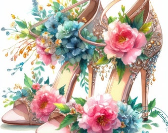 Paquete de 10 imágenes prediseñadas de tacones altos en acuarela, imágenes prediseñadas de tacones altos florales, imágenes JPG de zapatos de mujer, imágenes para baile de graduación, quinceañera, descargables e imprimibles