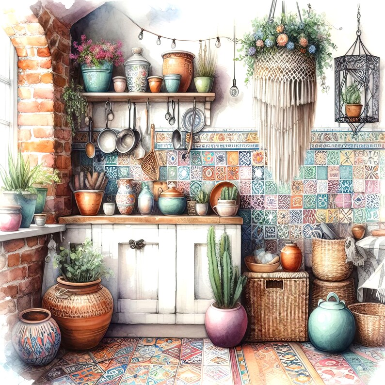 May include: A watercolour painting of a kitchen with a colourful tiled backsplash, a white cabinet with a wooden countertop, and various plants and pots. There are also several cooking utensils hanging from the ceiling.