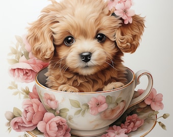 Cute Puppies Clipart Bundle Floral Puppy Tea Cup Clipart Puppy and Flowers Shabby Chic Vintage Clip Art Watercolor Boho Floral Clipart