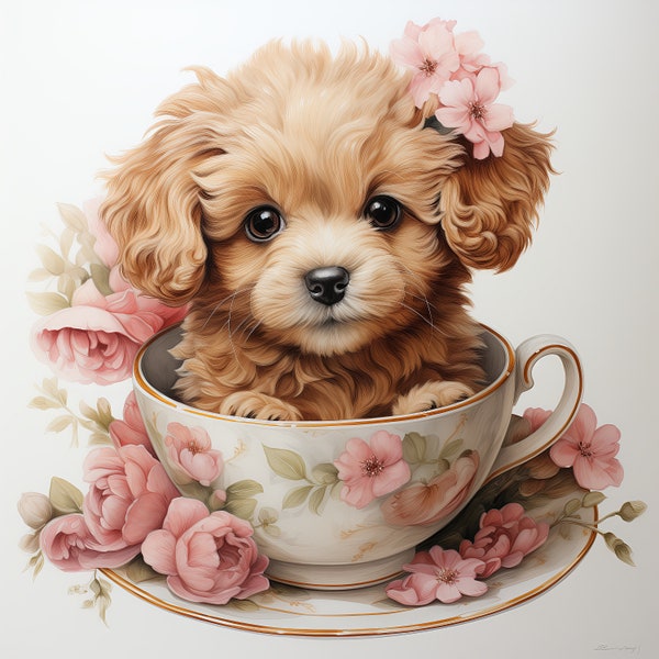 Cute Puppies Clipart Bundle Floral Puppy Tea Cup Clipart Puppy and Flowers Shabby Chic Vintage Clip Art Watercolor Boho Floral Clipart