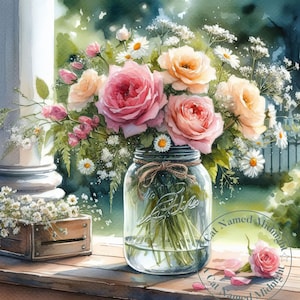 May include: A watercolor painting of a bouquet of pink and yellow roses, white daisies, and other wildflowers in a clear glass jar. The jar is sitting on a wooden surface with a small wooden box next to it. The background is a blurred image of a green garden.