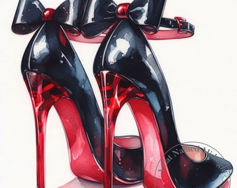 May include: A pair of black high-heeled shoes with a red sole and a black bow on the front. The shoes are made of patent leather and have a stiletto heel.
