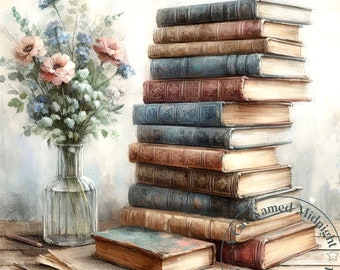 Pacchetto di clipart di libri antichi, libri di biblioteca trasandati (download digitale)