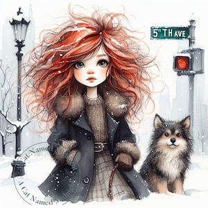 Cute Little Girl Walking Her Dog in New York City Clipart 12 JPGs Watercolor Clipart Images Digital Download Printable Wall Art