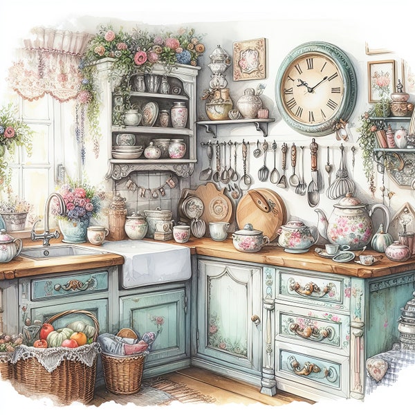 Vintage aquarelle cuisine shabby chic des cliparts comptoirs de cuisine Clip Art aquarelle Clipart Bundle art mural imprimable en téléchargement numérique