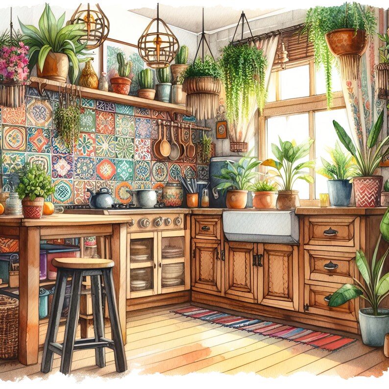 Watercolor Boho Kitchen Clipart Kitchen Vintage Clip Art Watercolor ...