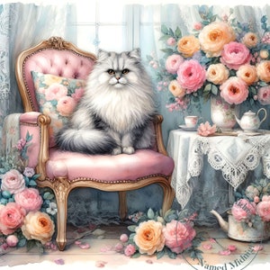 11 Persian Cats Clipart Long Hair Cat Images Bundle Shabby Chic Persian Cat Digital Download Images Cats on Chairs