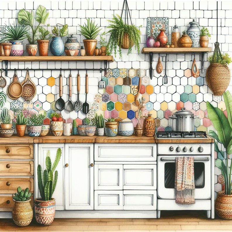 May include: A white kitchen with wooden cabinets and a white cooker. The splashback is a colourful mosaic of hexagonal tiles. There are plants and pots on the shelves above the counter.