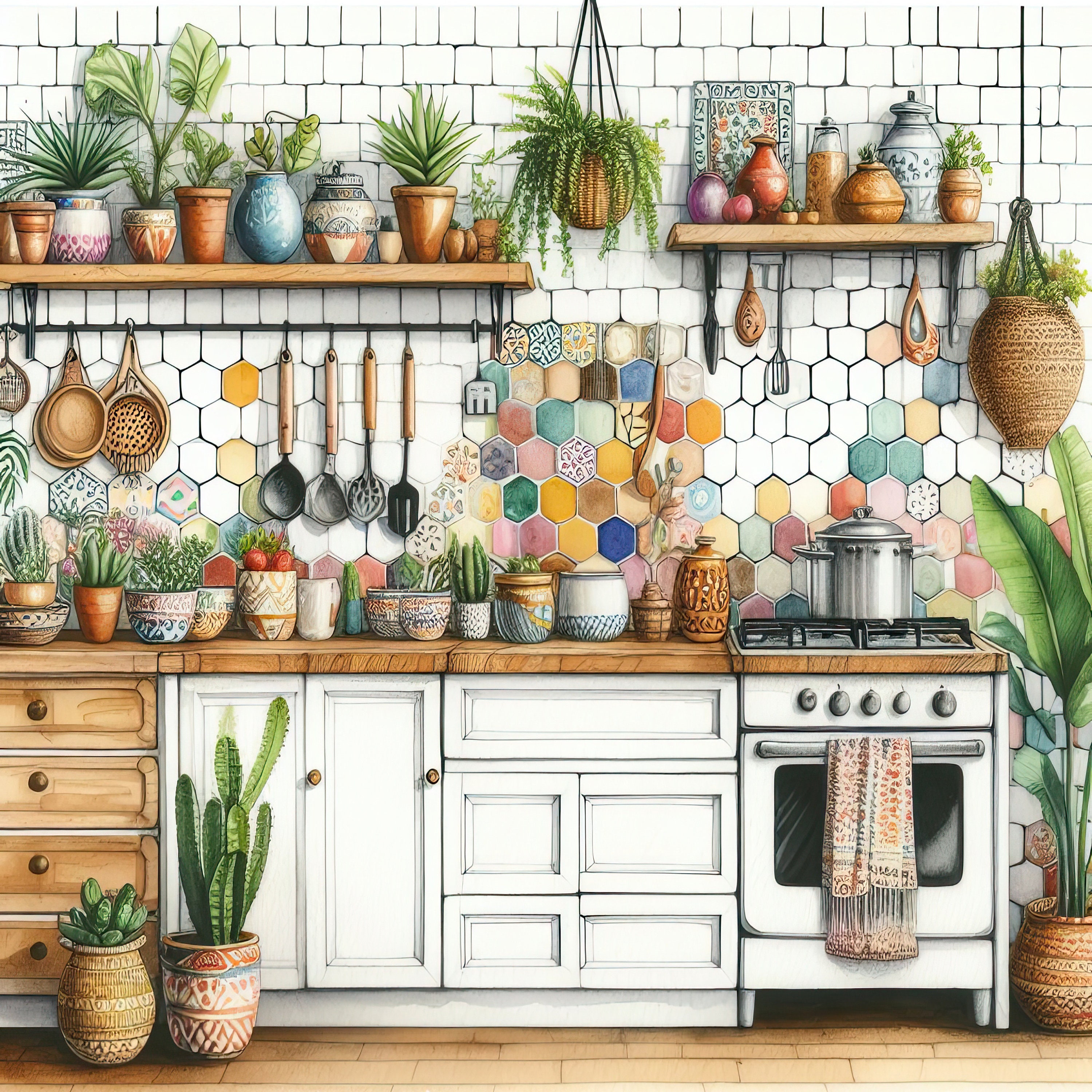 Watercolor Boho Kitchen Clipart Kitchen Vintage Clip Art Watercolor ...
