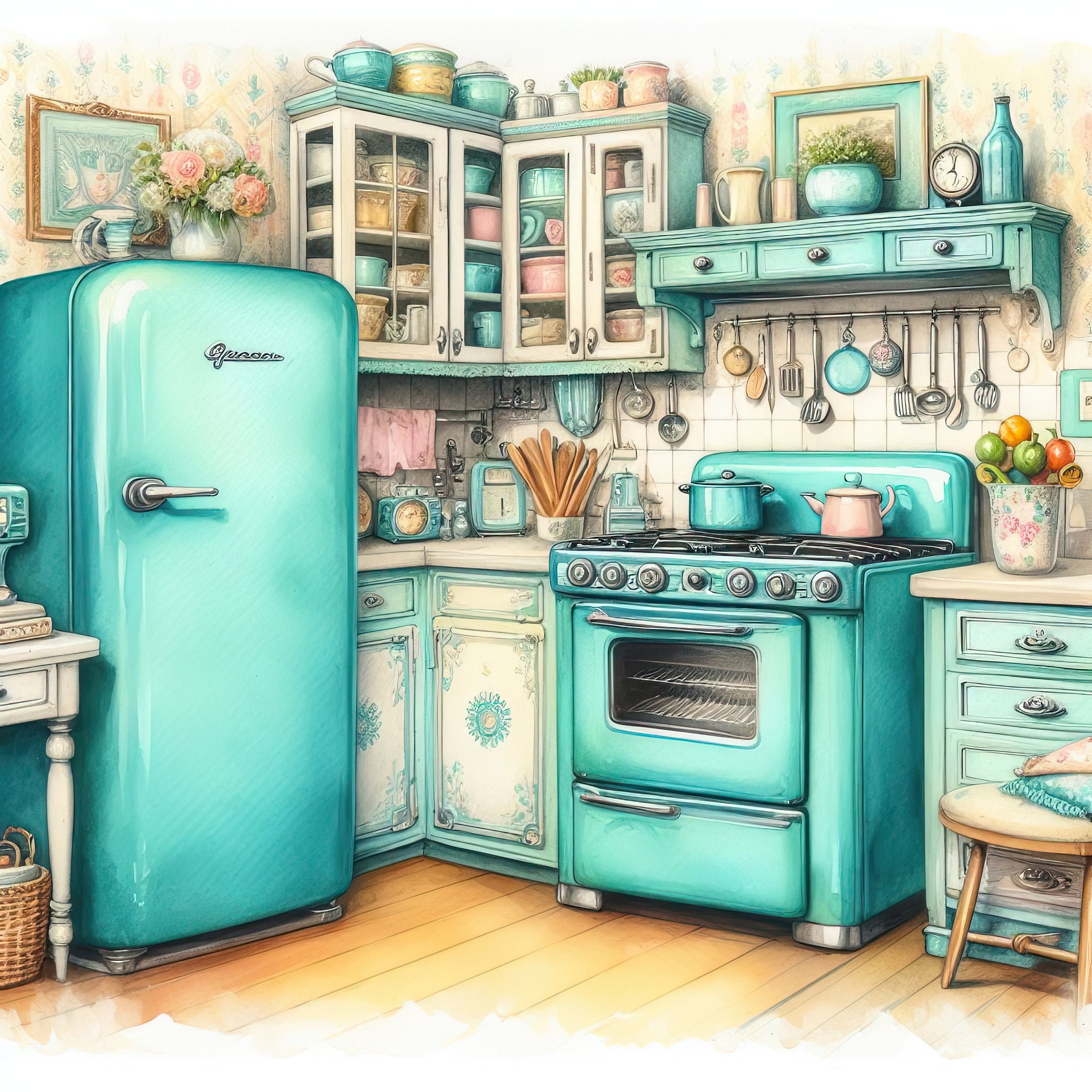 Watercolor Shabby Chic Kitchen Clipart Turquoise Kitchen Vintage Clip ...