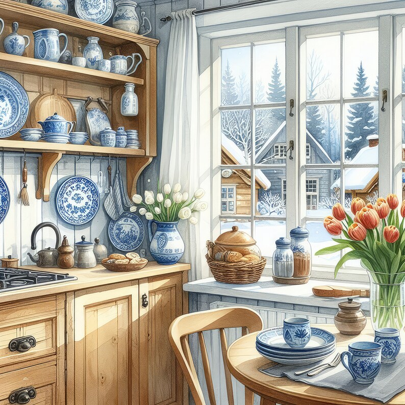 May include: A kitchen with a wooden cabinet filled with blue and white china, a window with a view of a snowy forest, and a table set with blue and white teacups and saucers.