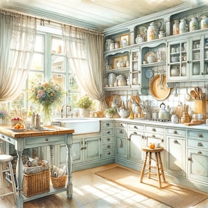Watercolor Farmhouse Kitchen Clipart Watercolor Cottage Kitchen Clip Art Kitchen Watercolor Clipart Bundle Digital Download Images image 1