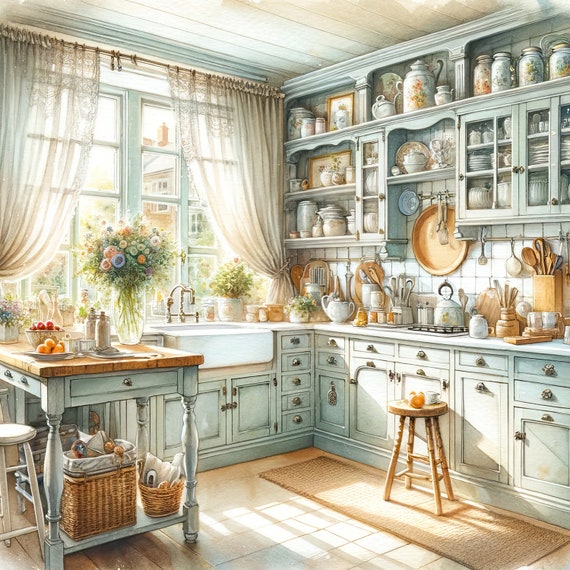 Watercolor Farmhouse Kitchen Clipart Watercolor Cottage Kitchen Clip Art Kitchen Watercolor Clipart Bundle Digital Download Images