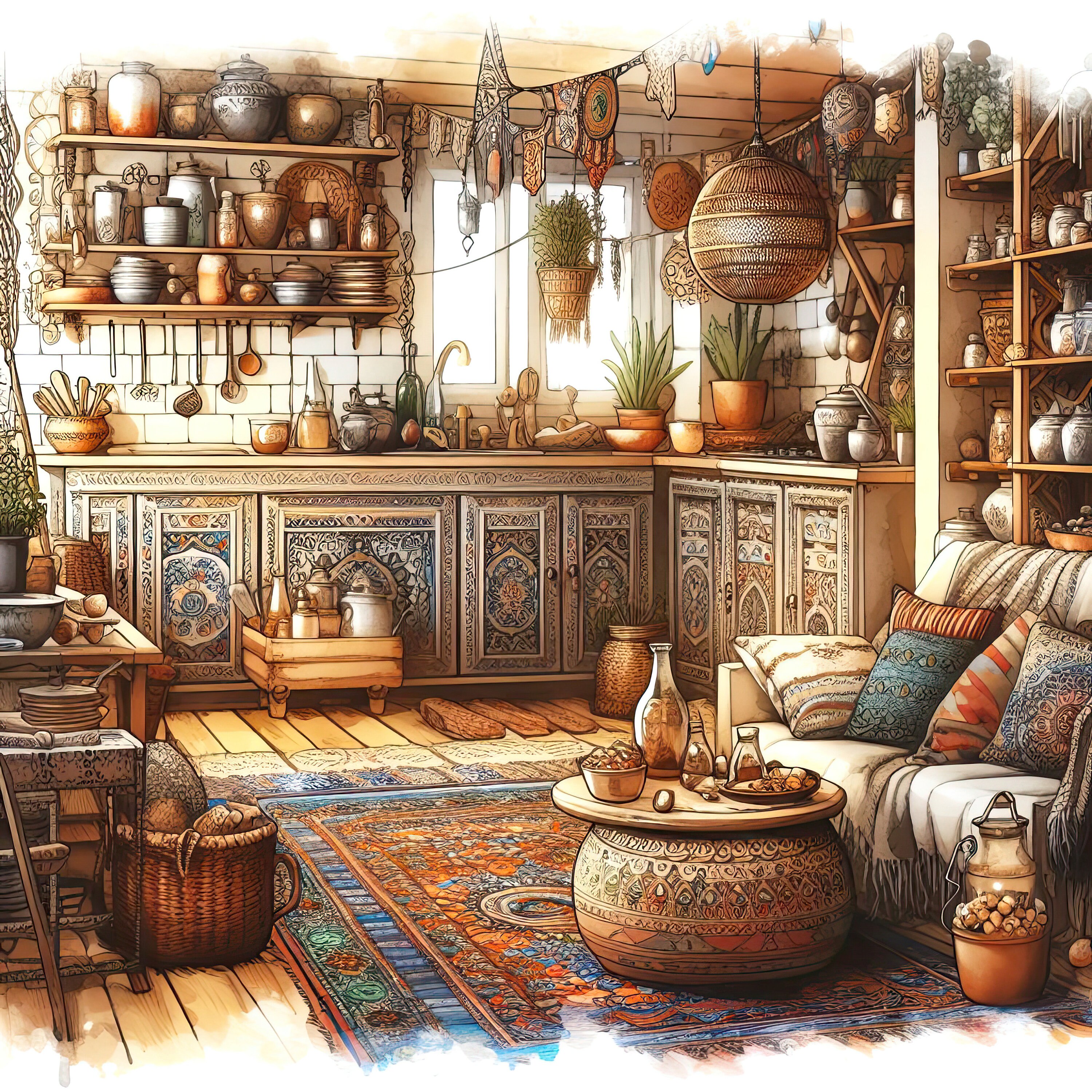 Watercolor Boho Kitchen Clipart Kitchen Vintage Clip Art Watercolor ...