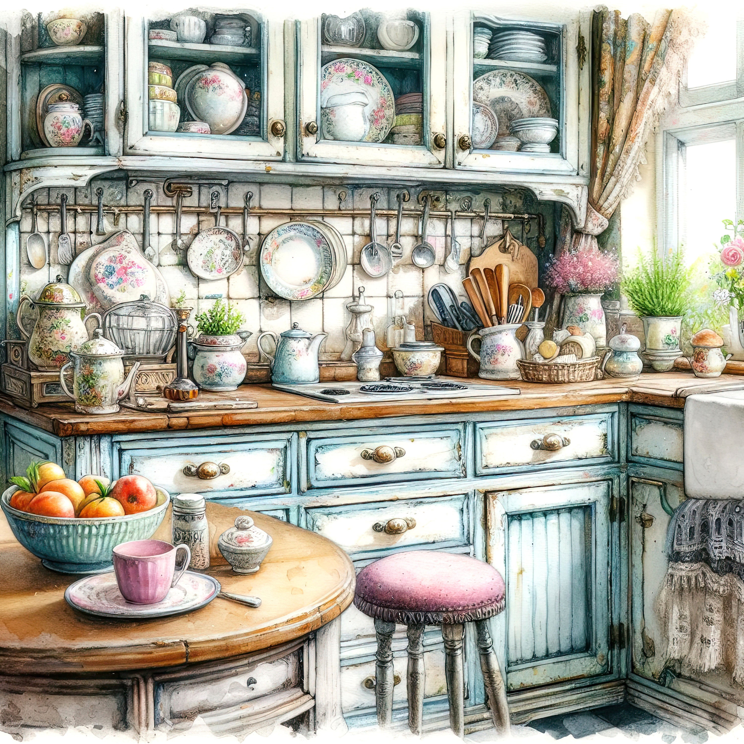 Watercolor Shabby Chic Kitchen Clipart Cottage Kitchen Counters Vintage ...