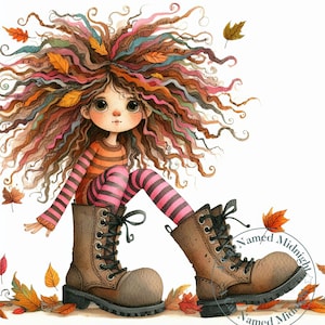 Quirky Autumn Girls Clipart 10 JPGs Whimsical Watercolor Clipart Fall Images Bundle Funny Little Girls Digital Download Printable Wall Art