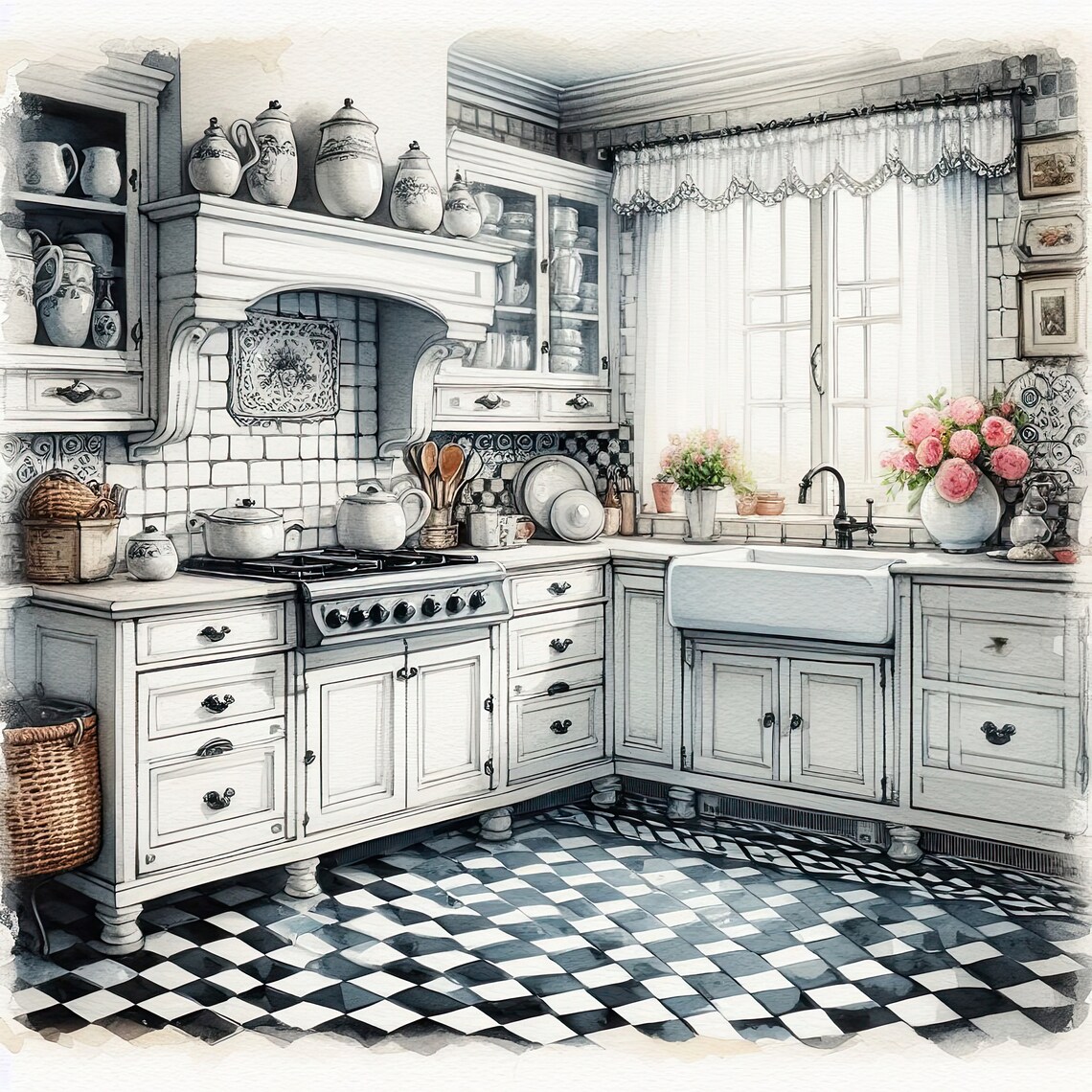 Watercolor Shabby Chic Kitchen Clipart French Kitchen Vintage Clip Art ...