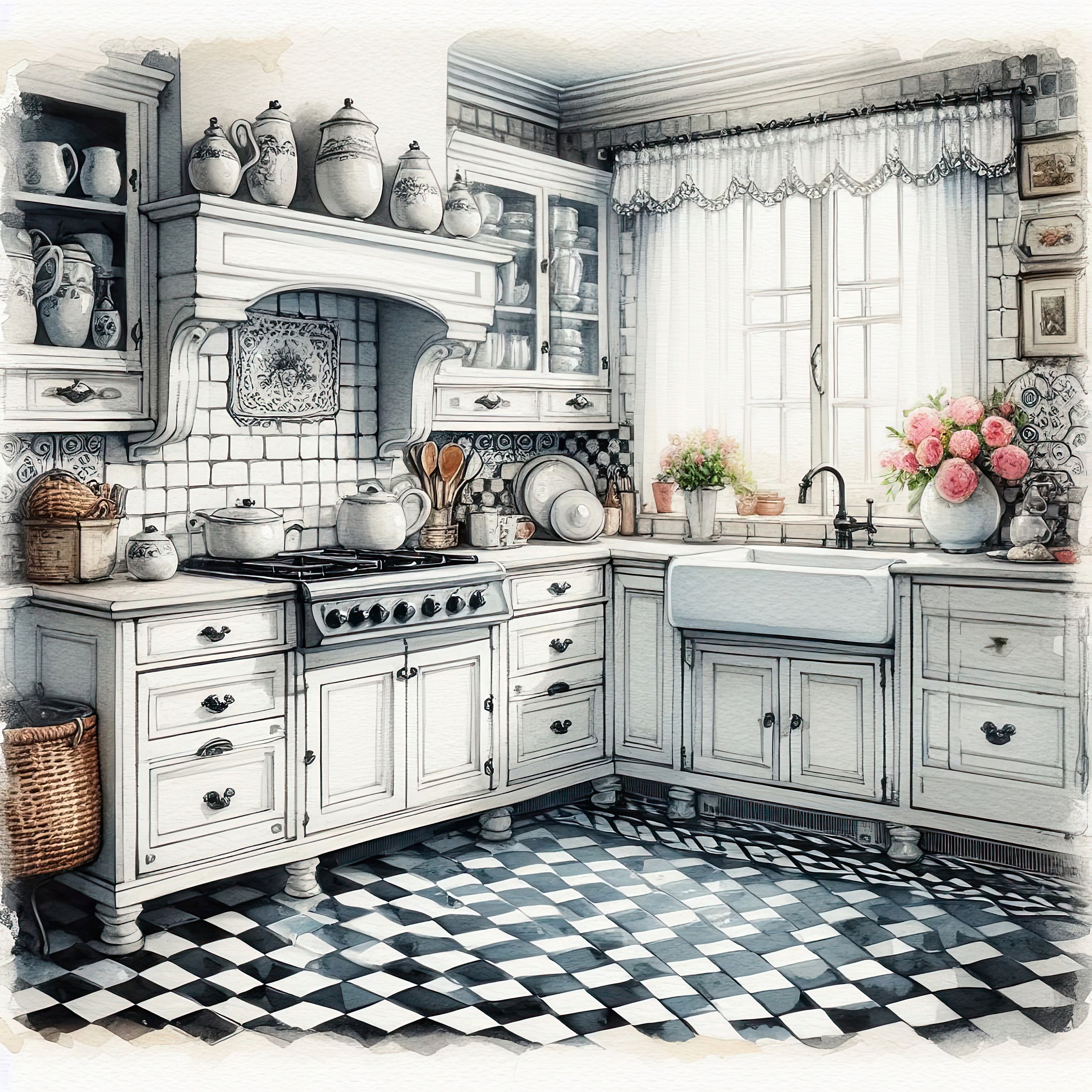 Watercolor Shabby Chic Kitchen Clipart French Kitchen Vintage Clip Art ...