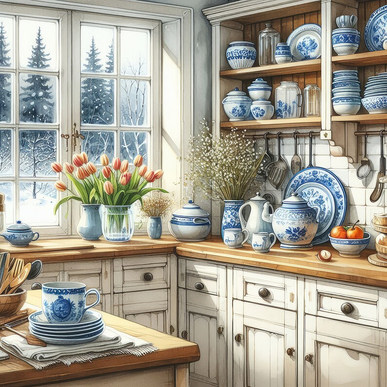 May include: A white kitchen with a window overlooking a snowy woodland. The kitchen features a white worktop, white cupboards, and a white farmhouse sink. There are blue and white patterned dishes on the shelves and a bunch of orange tulips in a vase on the counter.