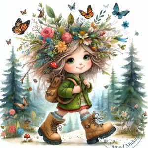 Imágenes prediseñadas de niña peculiar de la naturaleza, 16 imágenes prediseñadas de acuarela caprichosas en formato JPG de alta calidad, paquete de arte infantil, descarga digital, imprimible
