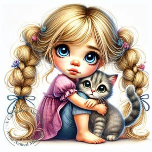 Cute Whimsical Girl and Her Cat Clipart 11 High Quality JPGs Quirky Girl Clip Art Images Nursery Art Digital Download Printable Wall Art