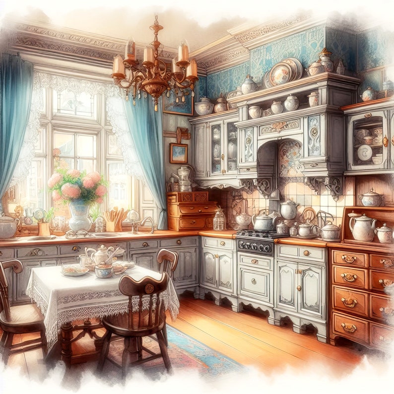 Watercolor Shabby Chic Victorian Kitchen Clipart Kitchen Vintage Clip ...