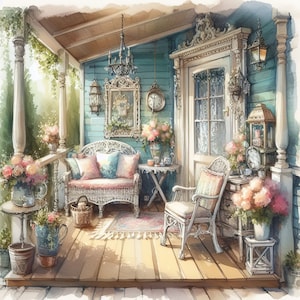 Watercolor Shabby Chic Porch Clipart Vintage Clip Art Watercolor Cottage Clipart Bundle Digital Download Printable Wall Art Cottagecore Home