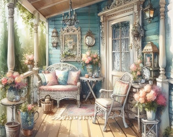 Watercolor Shabby Chic Porch Clipart Vintage Clip Art Watercolor Cottage Clipart Bundle Digital Download Printable Wall Art Cottagecore Home
