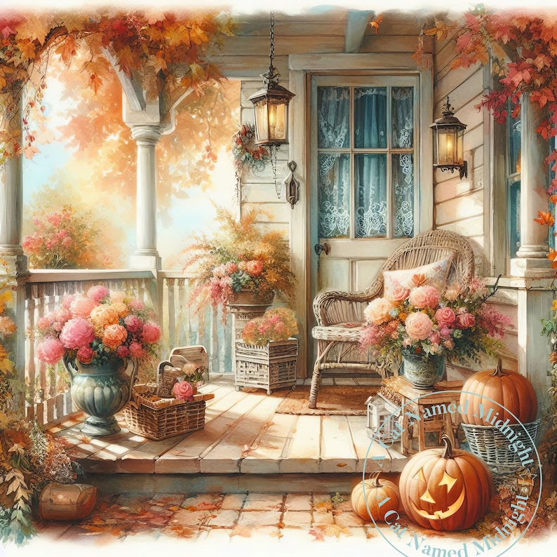 10 Autumn Shabby Chic Porch Clipart Vintage Fall Clip Art Watercolor ...