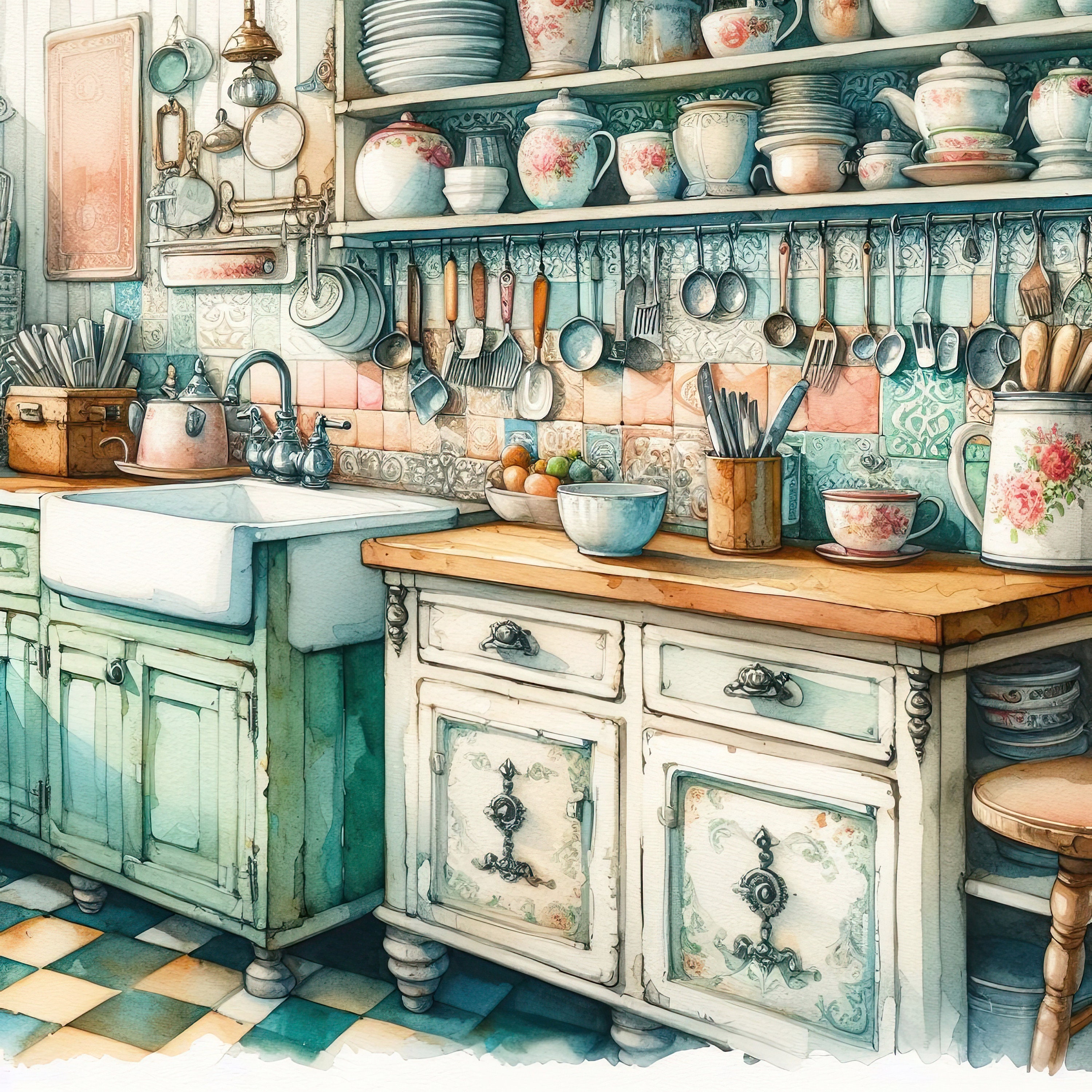 Watercolor Shabby Chic Kitchen Clipart Cottage Kitchen Counters Vintage ...
