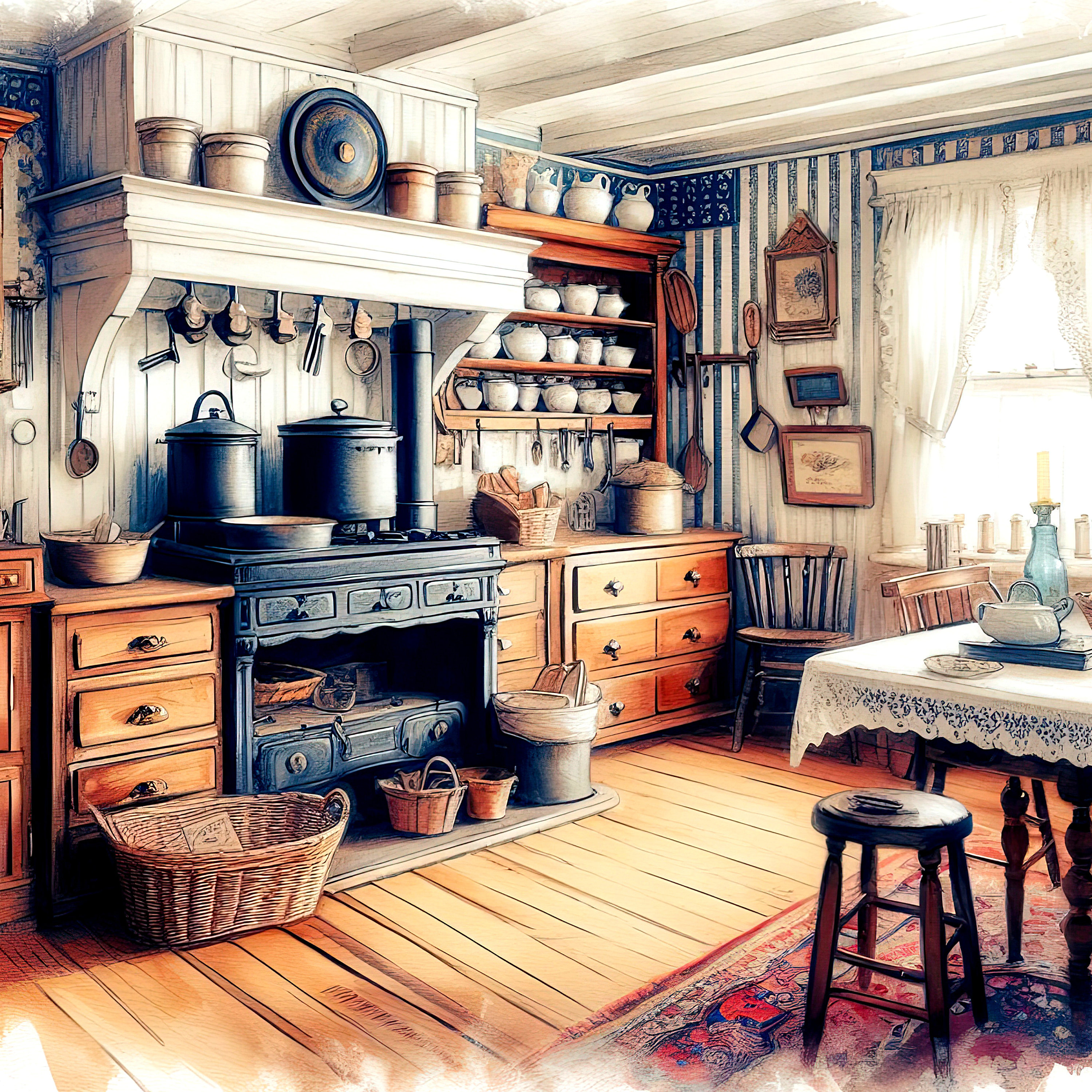 Watercolor Kitchen Clipart Vintage Kitchen Clip Art Watercolor Antique ...