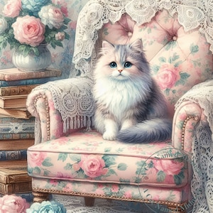 10 Watercolor Cat Clipart Clip Art Long Hair Cat Images Bundle Shabby Chic Persian Cat Digital Download Images
