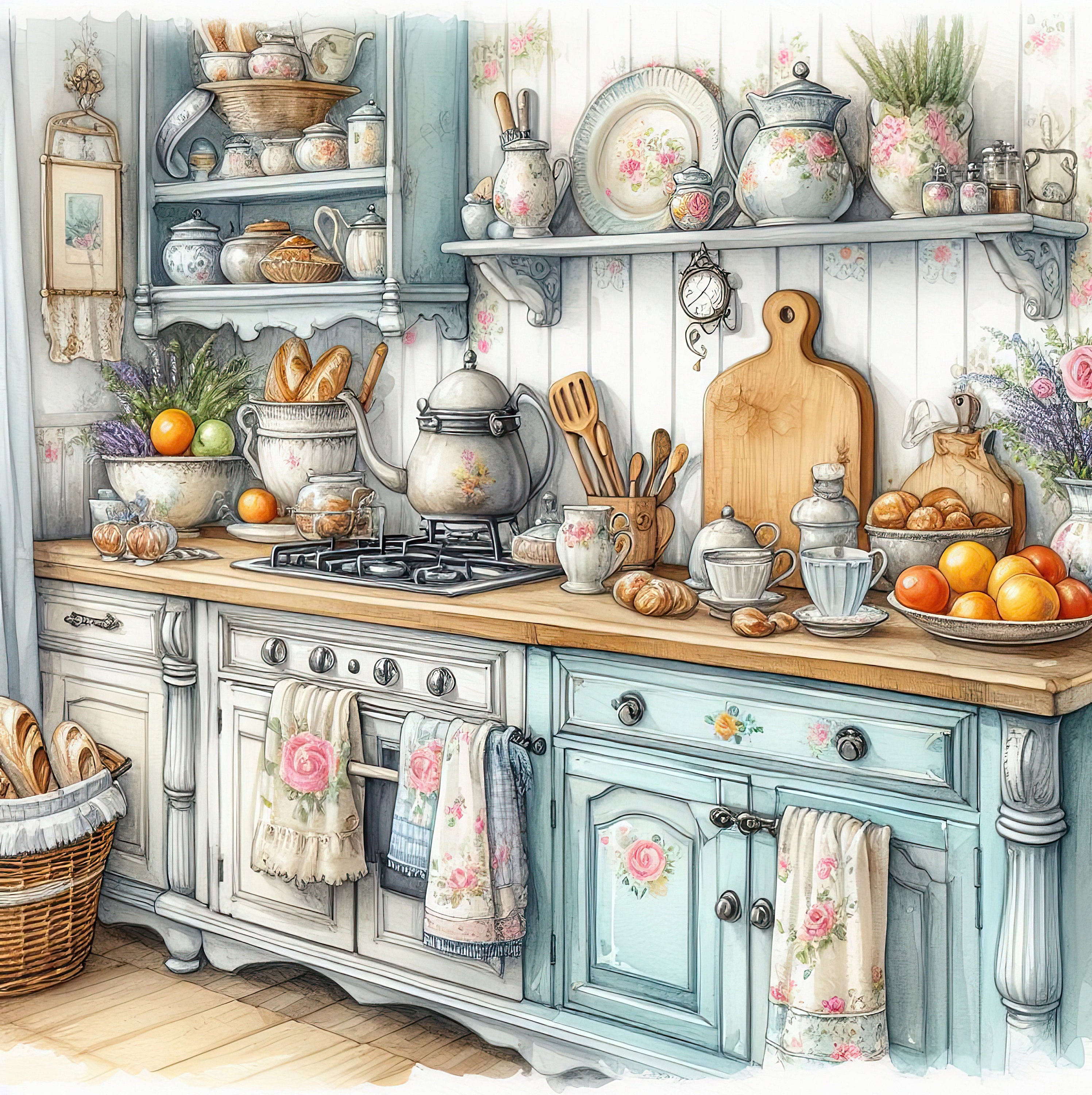 Watercolor Shabby Chic Kitchen Clipart Kitchen Counters Vintage Clip ...