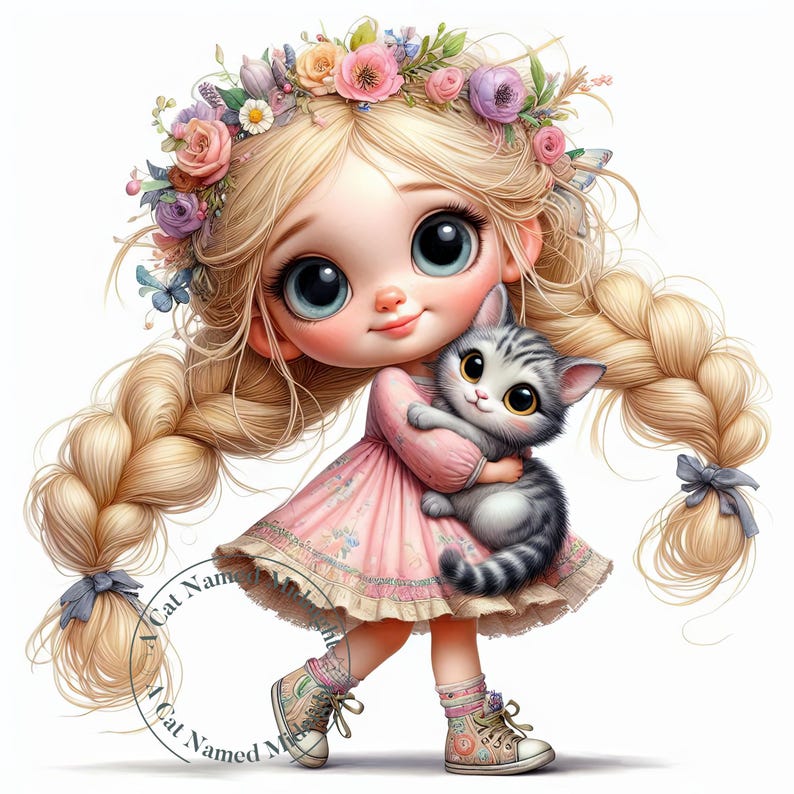 Girl and Cat Clipart | Whimsical JPG Images (digital Download), 11 JPG ...