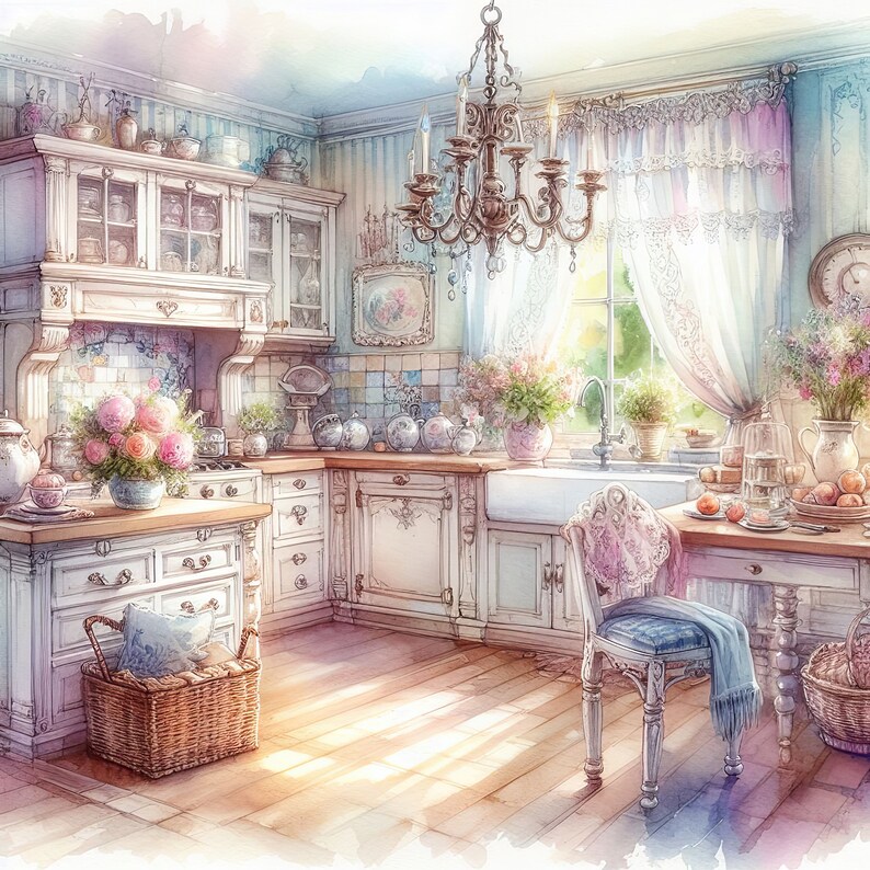 Watercolor Shabby Chic Sunny Kitchen Clipart Kitchen Vintage Clip Art ...