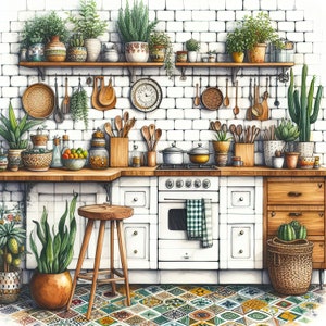 May include: A white kitchen with a white cooker, wooden cabinets, and a tiled floor. The kitchen is decorated with plants, pots, and kitchen utensils.