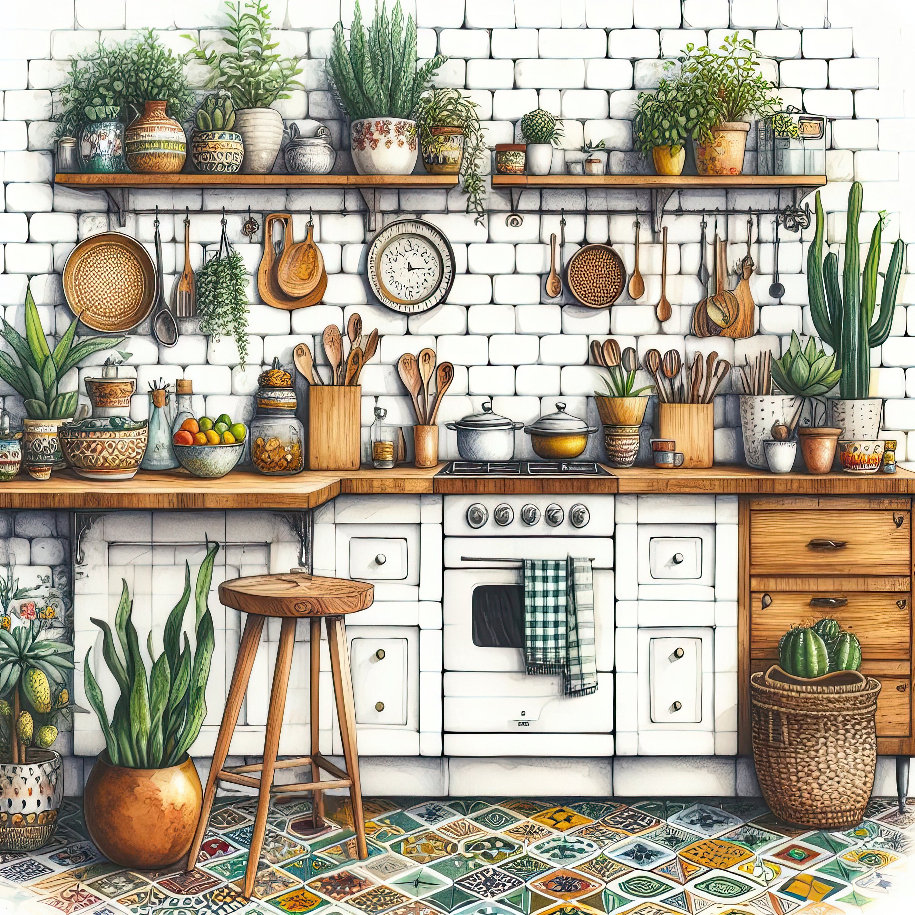 Watercolor Boho Kitchen Clipart Kitchen Vintage Clip Art Watercolor ...